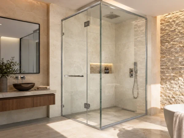 divisiones en aluminio para baño con vidrio templado